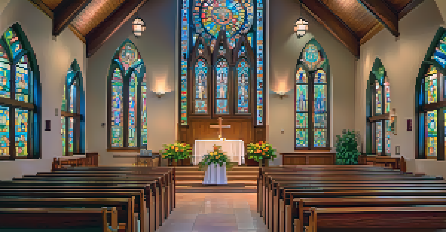 Interior view of St. John Vianney Catholic Church showcasing stained glass windows and wooden pews illuminated by soft light.