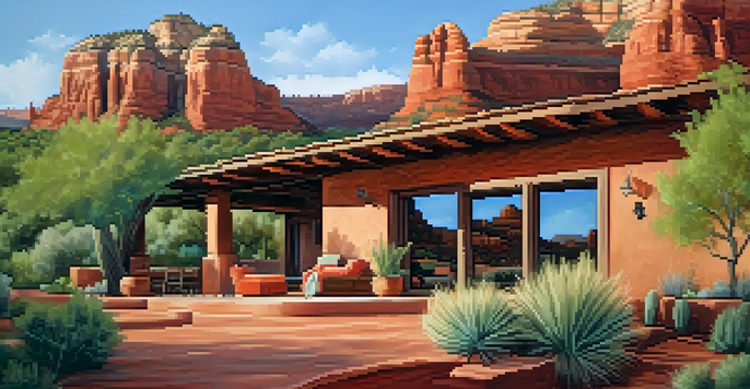 An adobe home in Sedona with thick walls and rounded corners, surrounded by red rock formations and greenery, featuring large windows and a cozy outdoor patio.