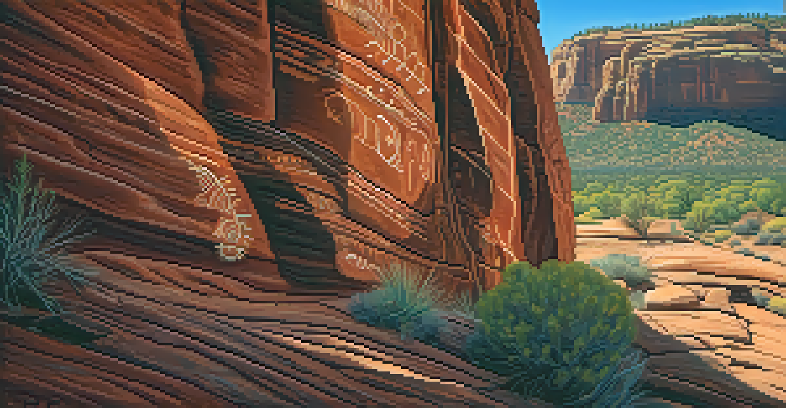Close-up of Native American petroglyphs on red sandstone with desert plants and rock cliffs in the background.
