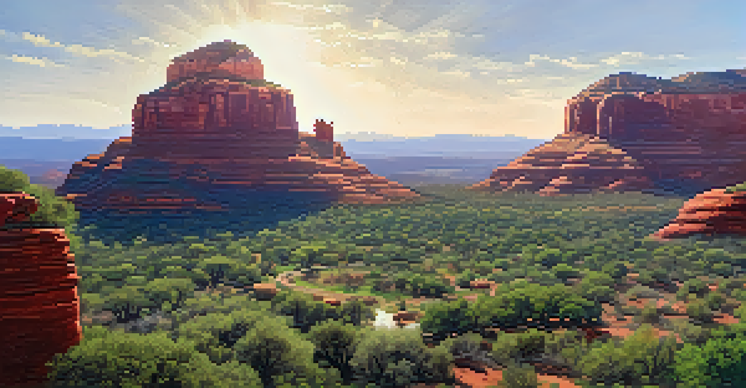 Aerial view of Bell Rock in Sedona, surrounded by greenery and hiking trails, with people exploring.