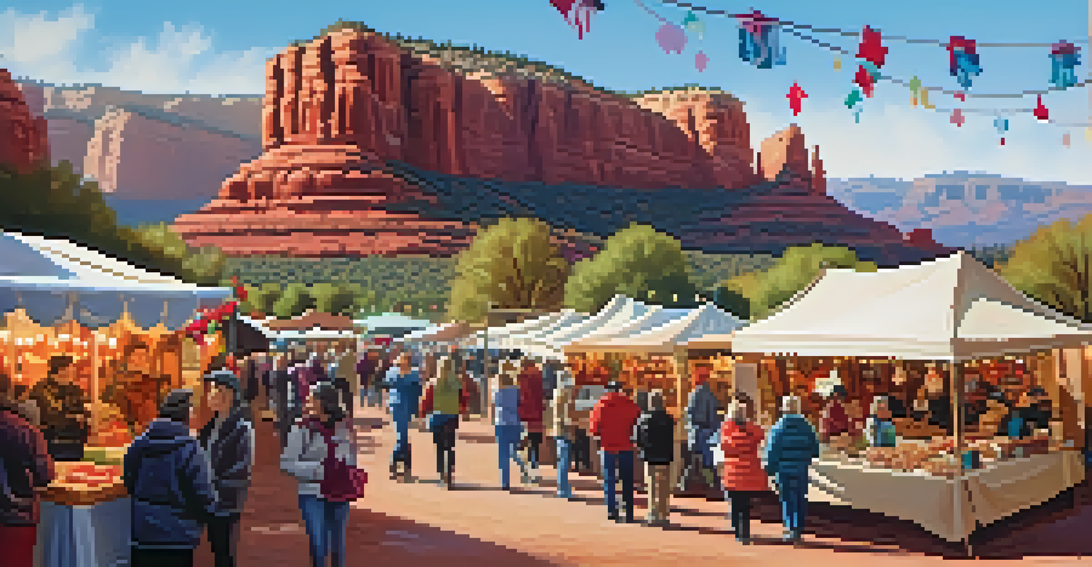 Local vendors displaying handmade crafts and food at the Sedona Winter Wonderland Festival, with the red rock formations in the background.