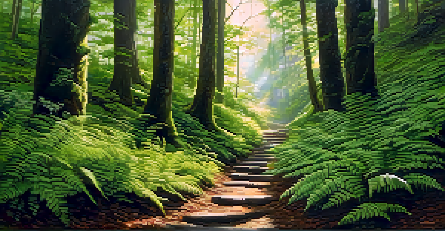 A winding forest path viewed from a low angle, surrounded by ferns and moss, with sunlight shining through the trees.