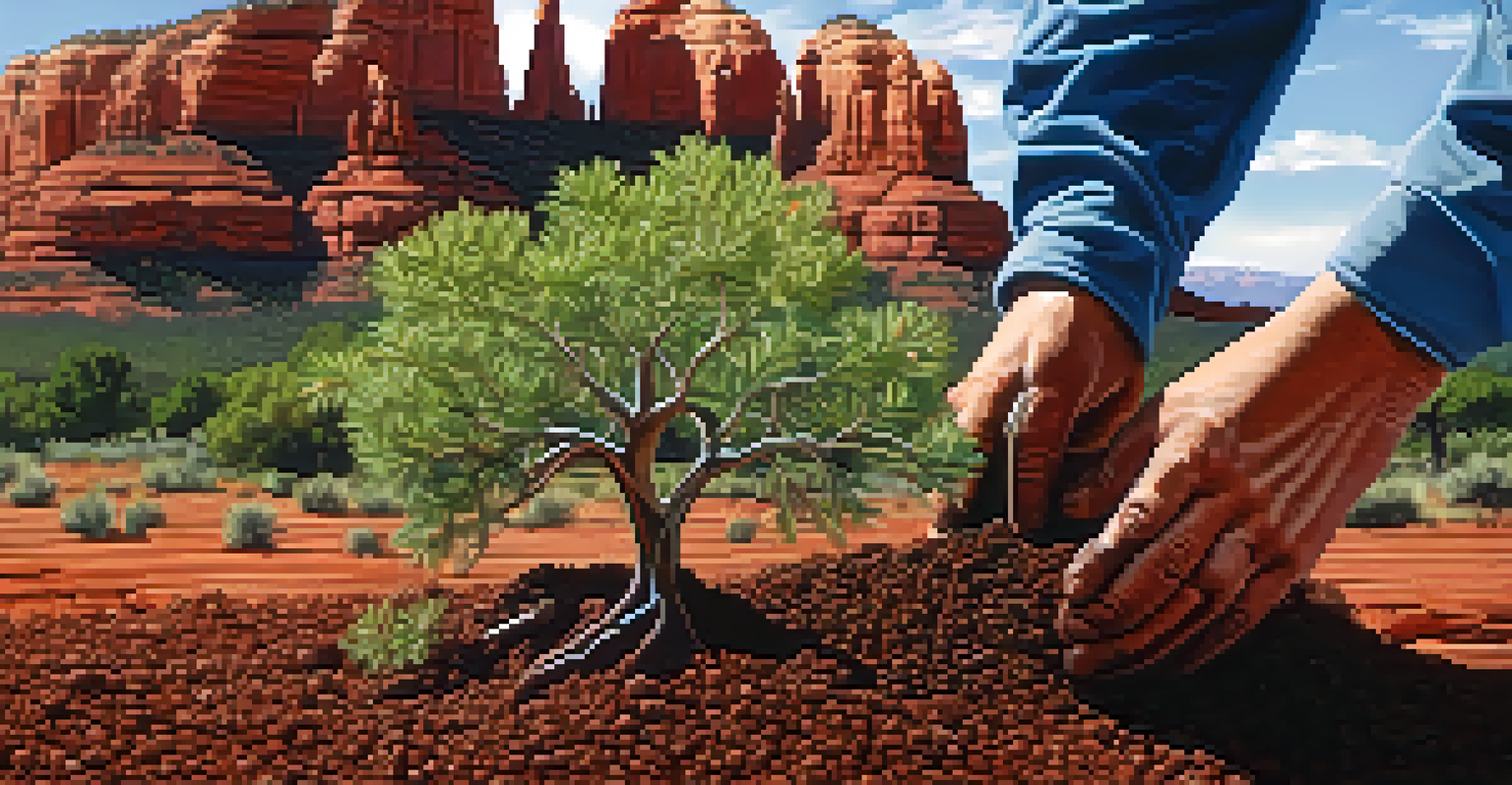 A close-up of hands planting a young tree in Sedona with red rocks in the background.