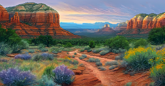 A scenic view of Sedona's red rock formations at sunset with a hiking trail and distant crystal shops.