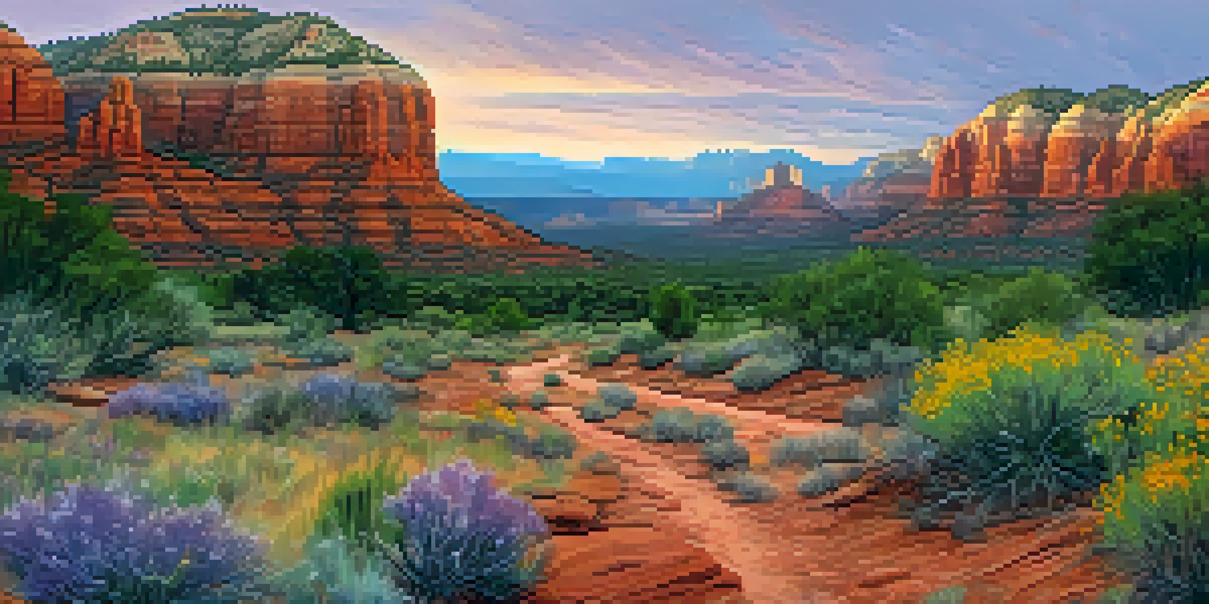 A scenic view of Sedona's red rock formations at sunset with a hiking trail and distant crystal shops.