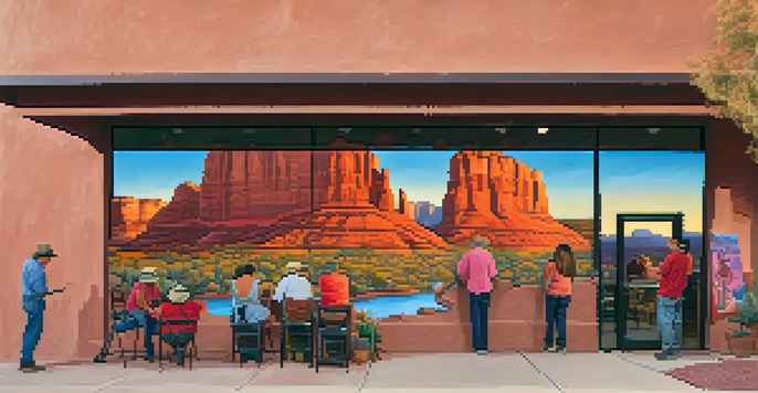 A colorful mural depicting a sunset over Sedona's red rocks, with artists collaborating and community members engaging.