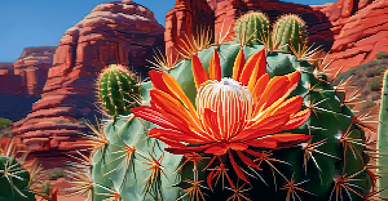 Close-up of a blooming cactus flower with red rock formations blurred in the background.
