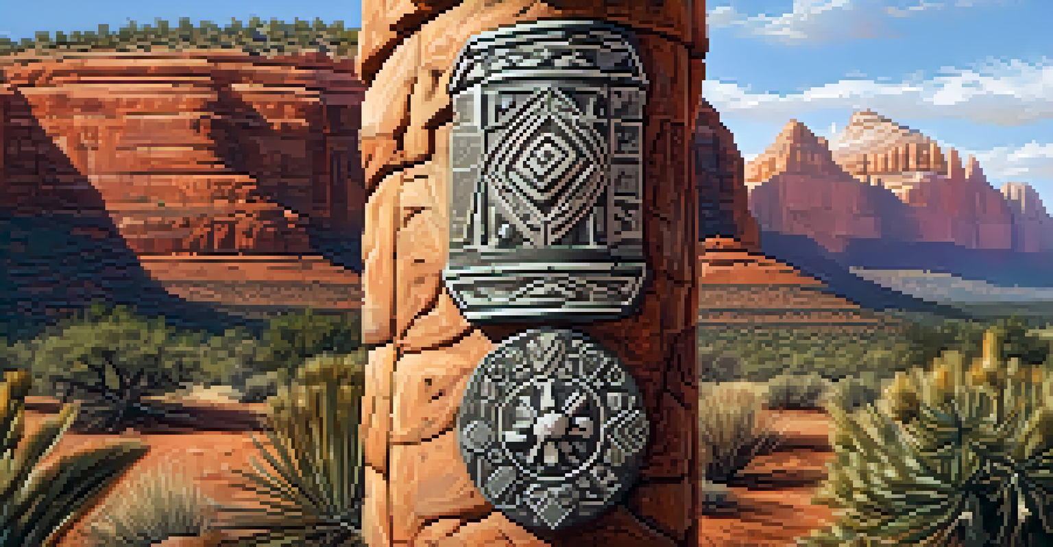 A close-up of a historic trail marker with Indigenous symbols, surrounded by desert plants and warm sunlight.