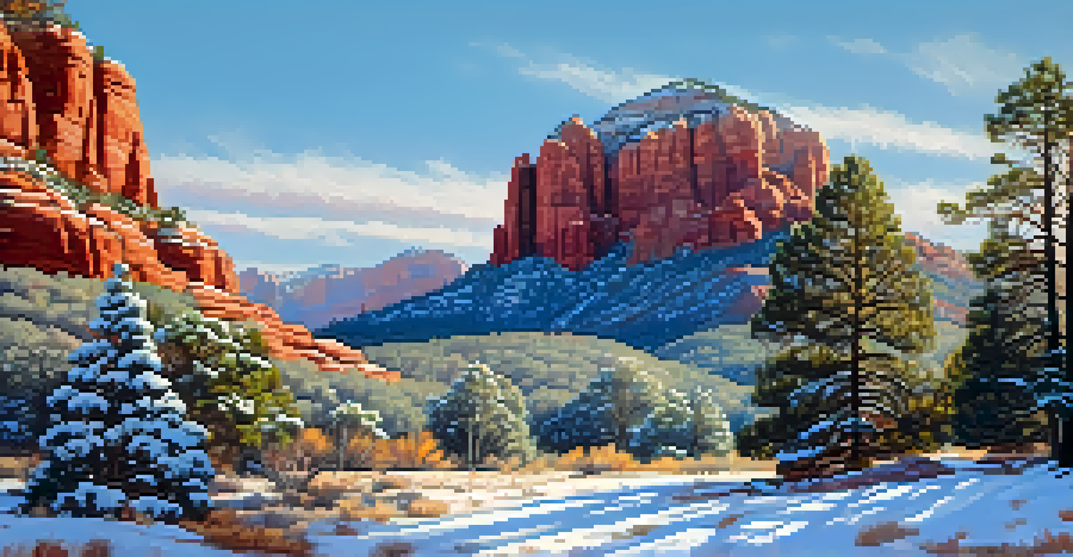 A peaceful winter scene in Sedona with snow-covered red rocks and a clear blue sky.