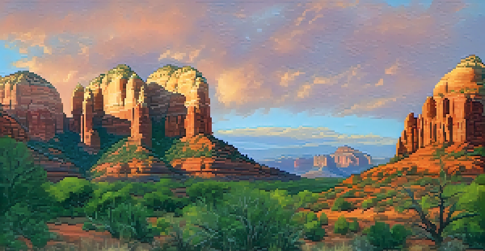 A scenic sunset view over Sedona's red rock formations, highlighting Cathedral Rock with vibrant orange and pink skies.