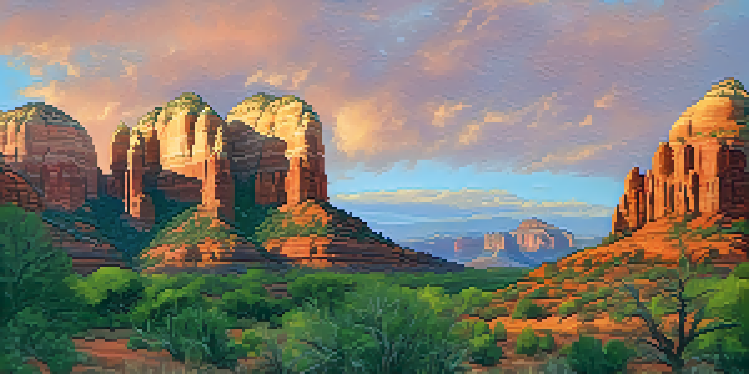 A scenic sunset view over Sedona's red rock formations, highlighting Cathedral Rock with vibrant orange and pink skies.