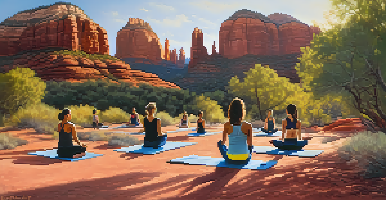 Yoga practitioners meditating in nature at a Sedona energy vortex, surrounded by majestic red rocks.