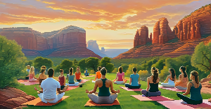 A group of people practicing yoga outdoors at sunset, with red rock formations in the background.