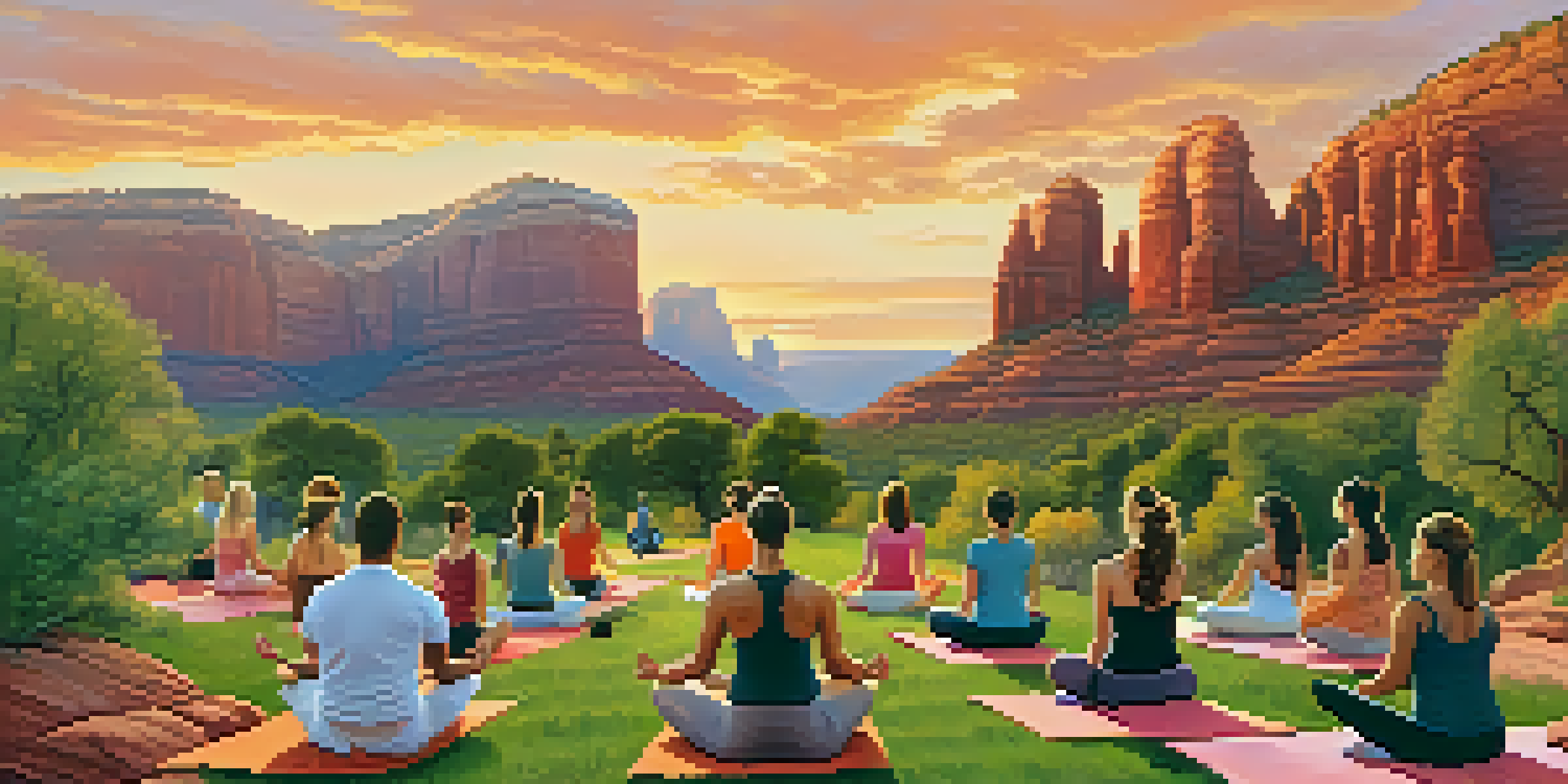 A group of people practicing yoga outdoors at sunset, with red rock formations in the background.