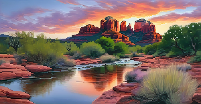 A picturesque sunset over the red rock formations of Sedona, with a clear stream reflecting the colorful sky.