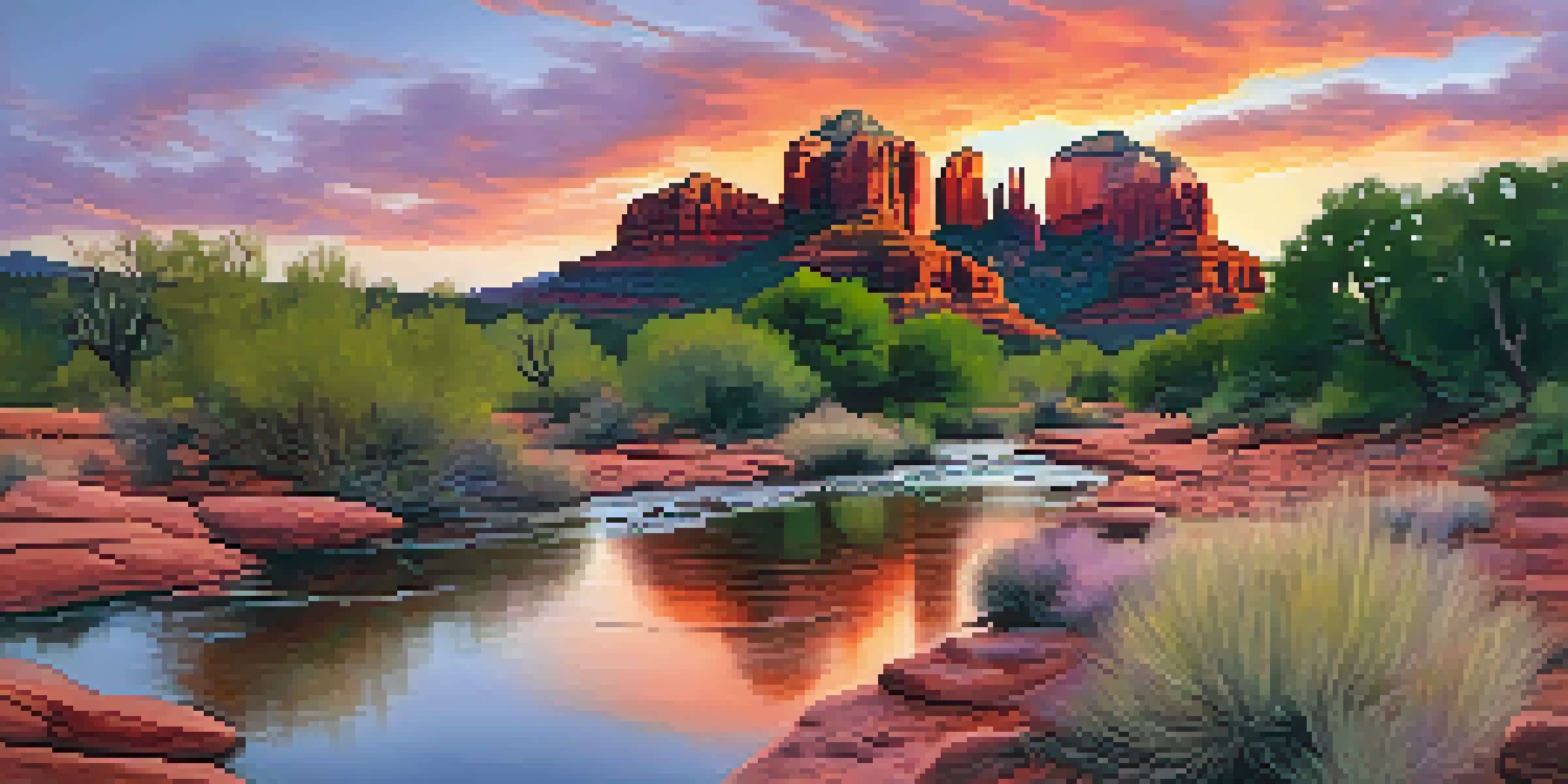 A picturesque sunset over the red rock formations of Sedona, with a clear stream reflecting the colorful sky.