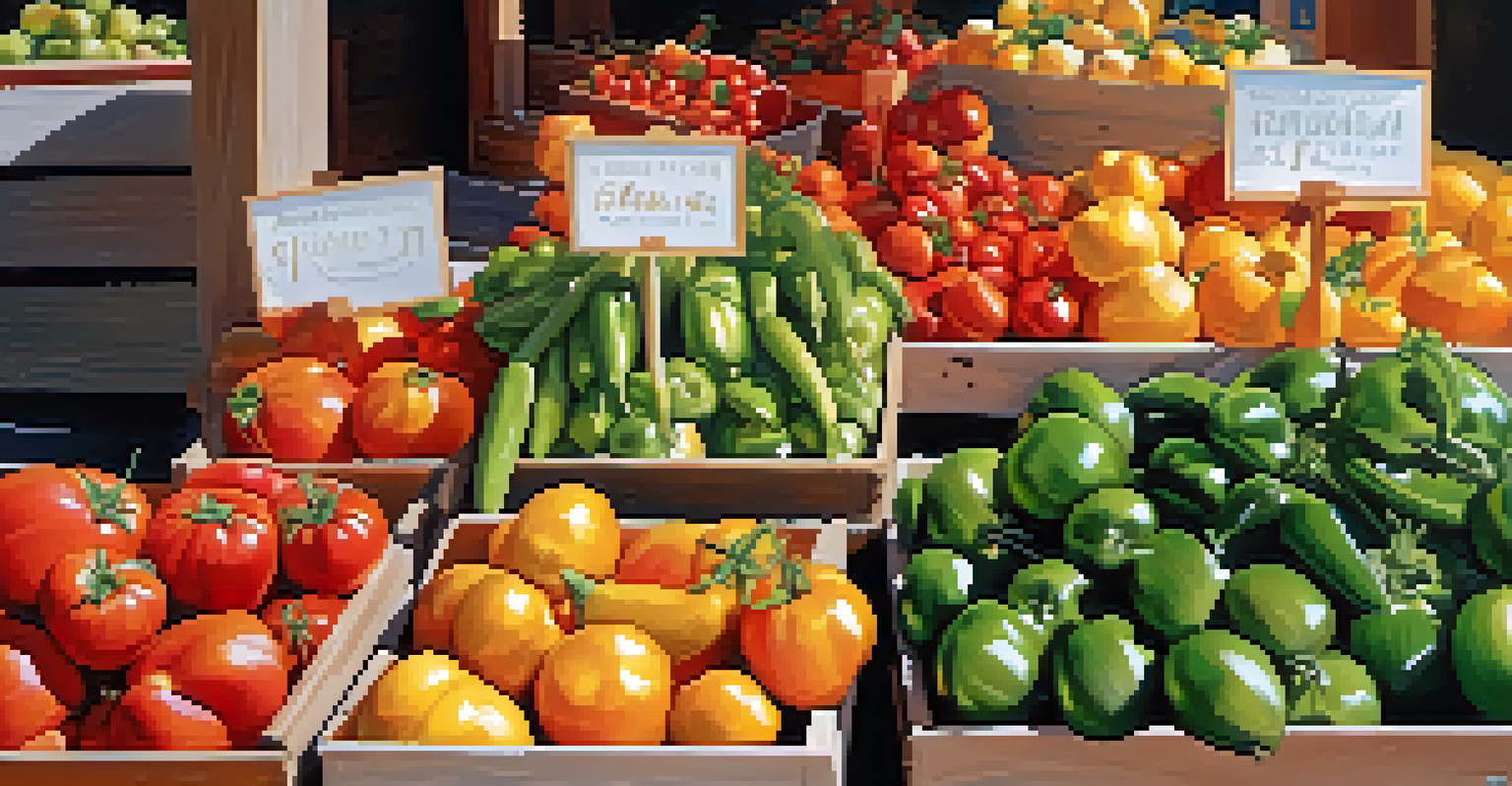 A close-up view of a farmers' market stall displaying seasonal fruits and vegetables with handmade signs in warm morning light.