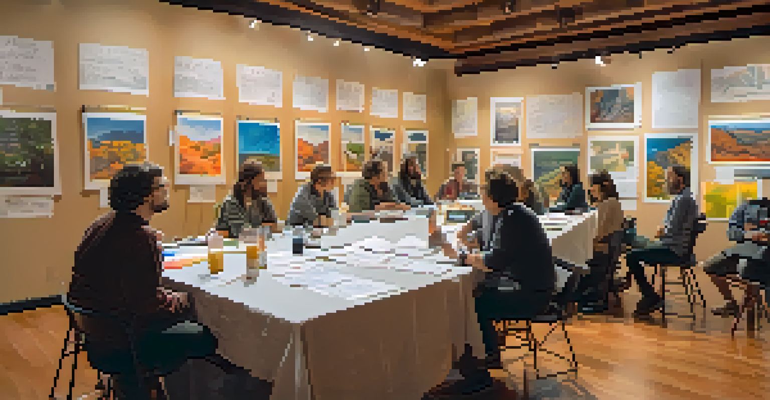 A workshop at the Sedona Film Festival with participants engaged in scriptwriting, surrounded by film posters and natural light.