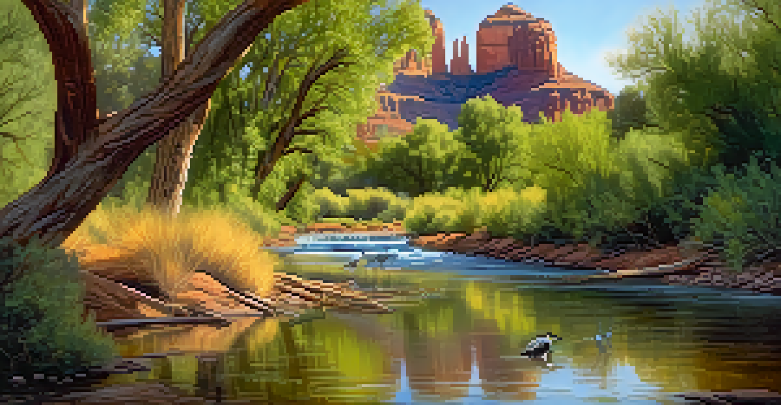A riparian zone in Sedona with a stream, lush vegetation, herons wading, and beavers near their dams.