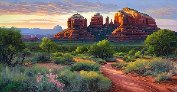 A panoramic view of Sedona's red rock formations during sunset, with colorful skies and wildflowers in the foreground.