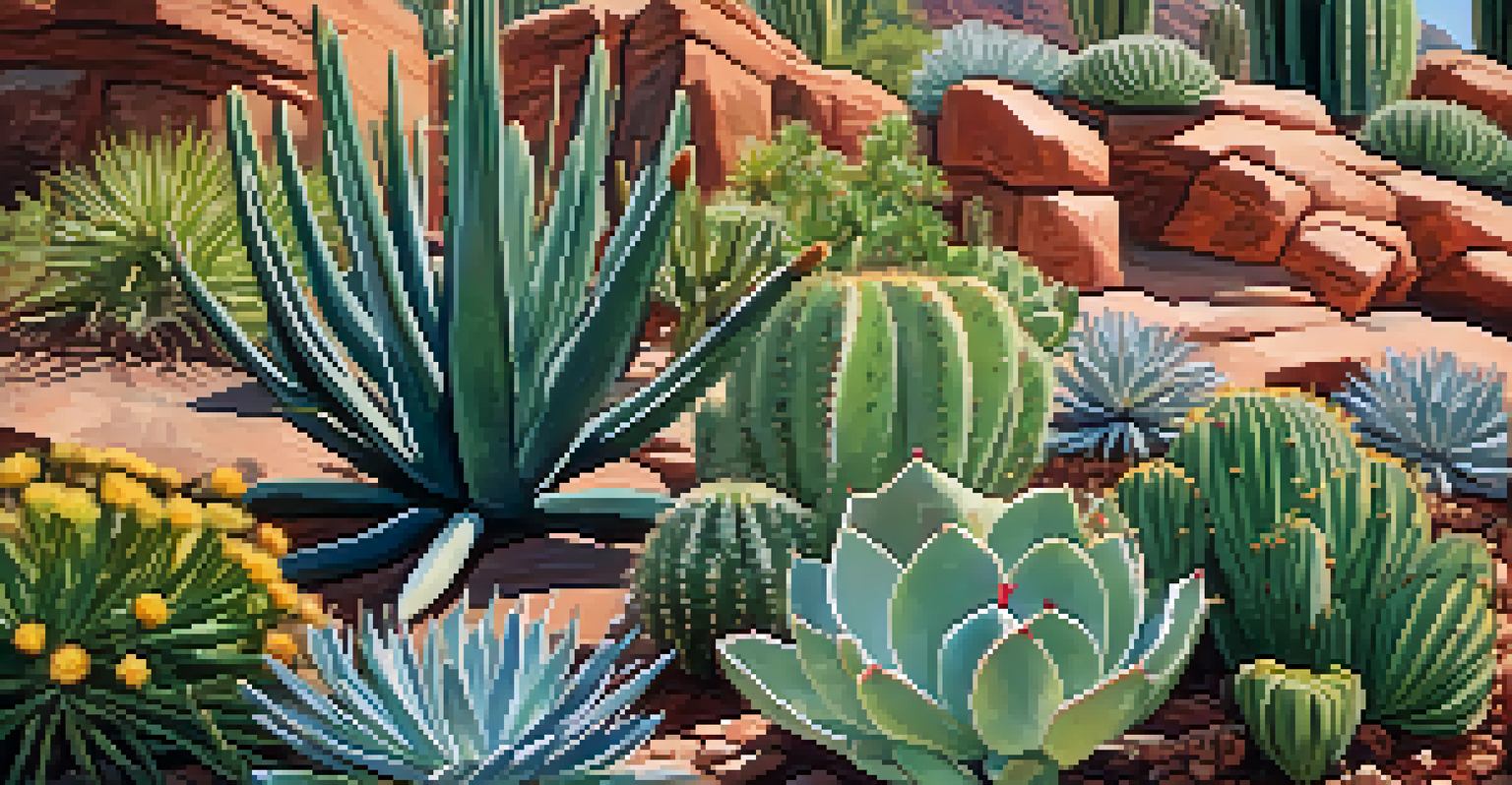 A close-up view of diverse plants in a botanical garden, showcasing cacti, succulents, and wildflowers with intricate textures.