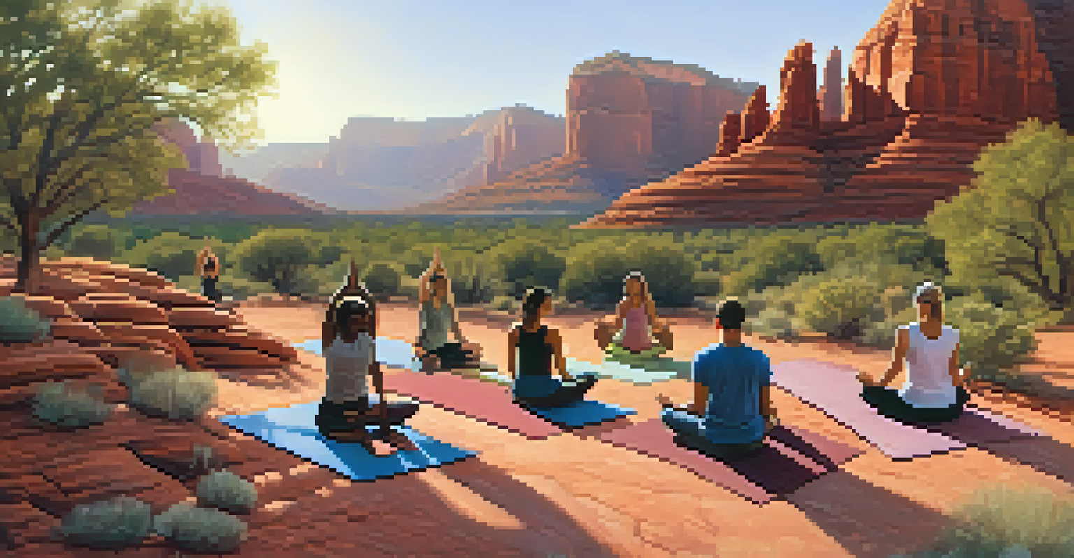 People practicing yoga outdoors in Sedona, surrounded by red rock formations and a bright sun.