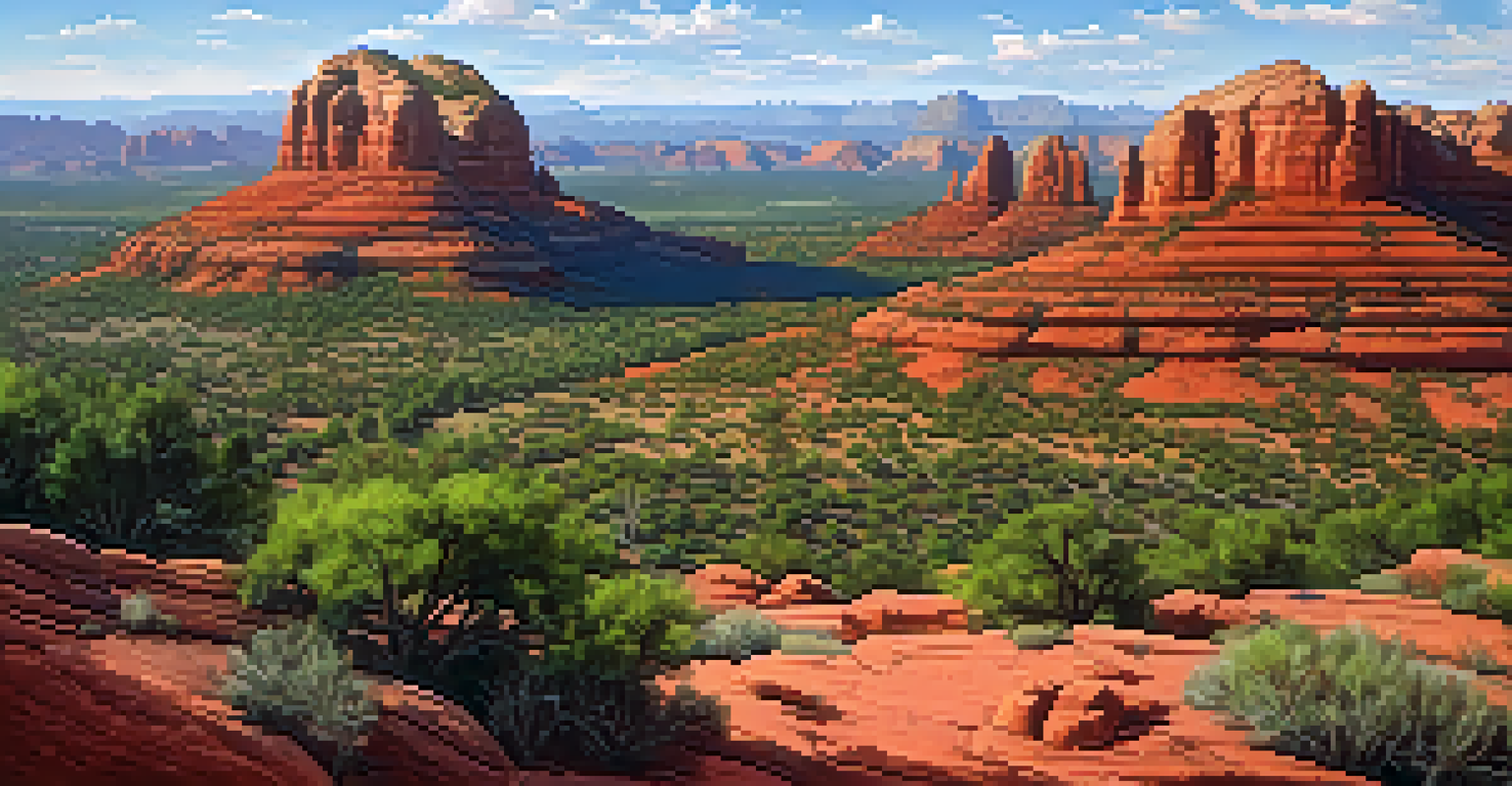 A panoramic view from the top of Bell Rock, showcasing rolling red rock formations and clear blue skies in the background.