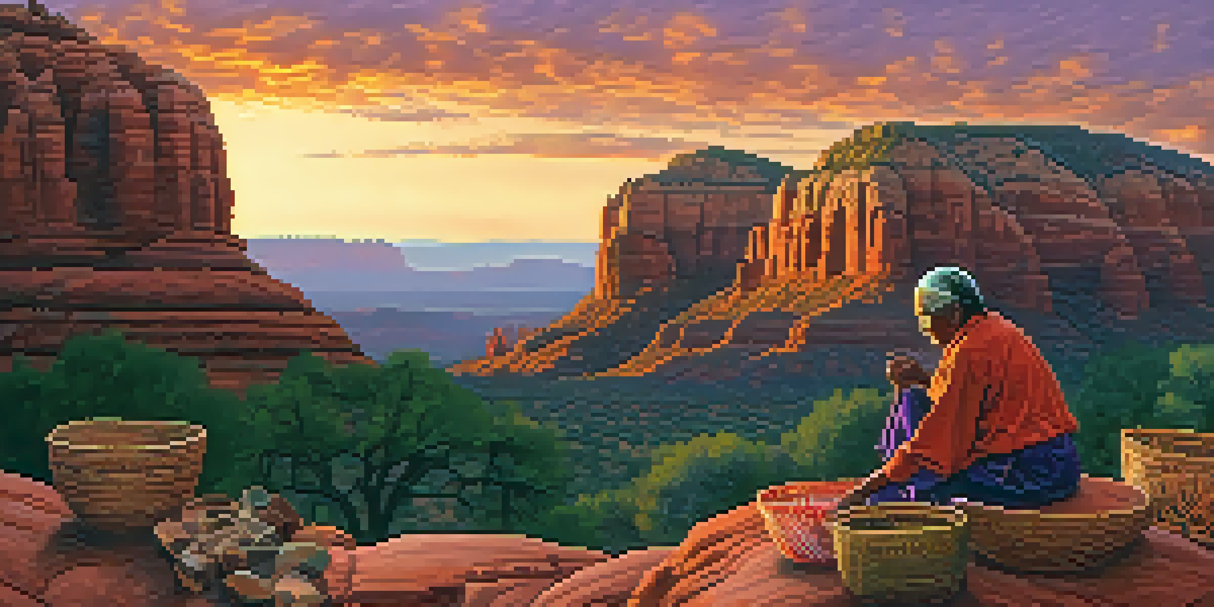 A panoramic view of Sedona's red rocks during sunset, with a Yavapai elder weaving a traditional basket in the foreground.