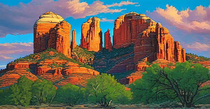 A sunset view of Cathedral Rock with climbers on red rock formations, showcasing vibrant orange and pink sky.