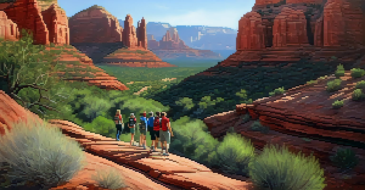 Aerial view of hikers on a winding trail surrounded by red rocks and greenery in Sedona, Arizona.