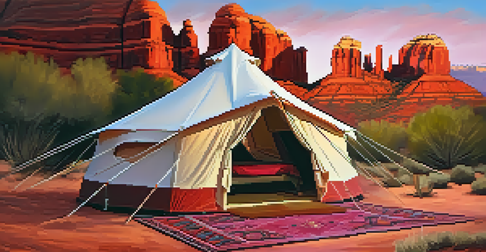 A luxurious glamping tent with a plush bed and elegant decor set against red rock formations at sunset, featuring warm colors in the sky.
