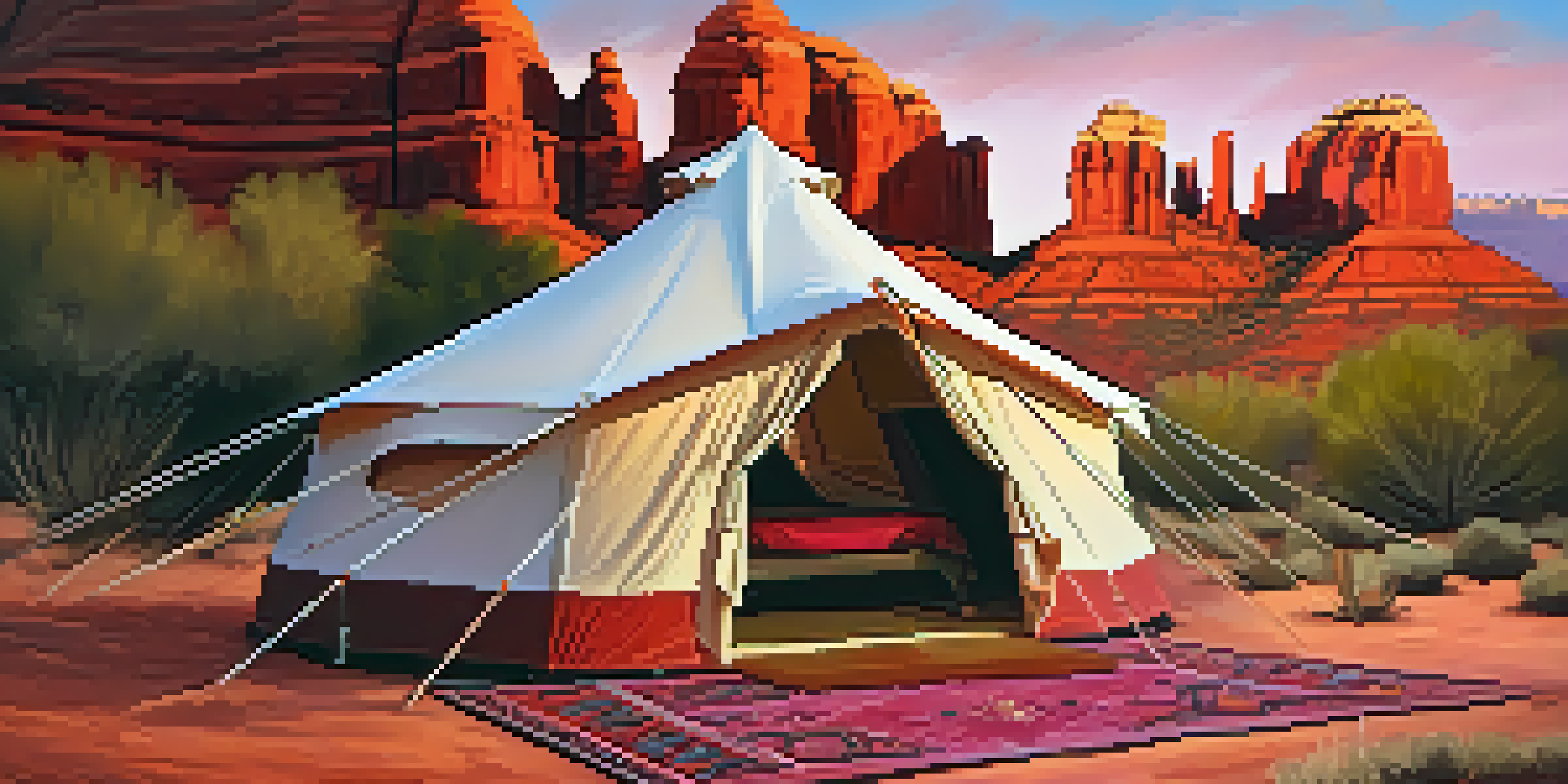 A luxurious glamping tent with a plush bed and elegant decor set against red rock formations at sunset, featuring warm colors in the sky.