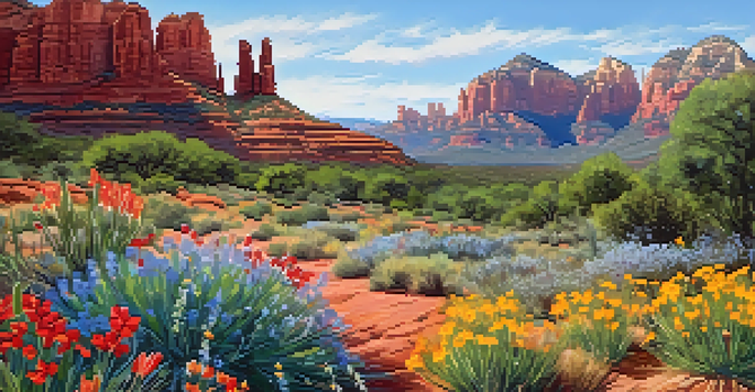 A colorful wildflower meadow in Sedona's botanical gardens with red rock formations in the background and a clear blue sky.