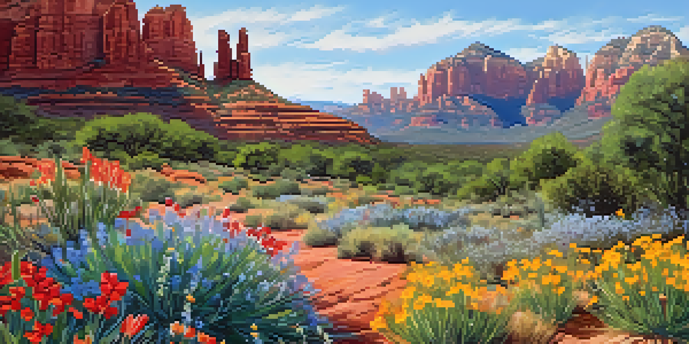A colorful wildflower meadow in Sedona's botanical gardens with red rock formations in the background and a clear blue sky.