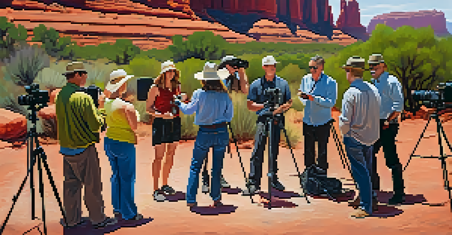 A group of photographers gathered around an instructor, learning camera techniques with Sedona's red rocks in the background.