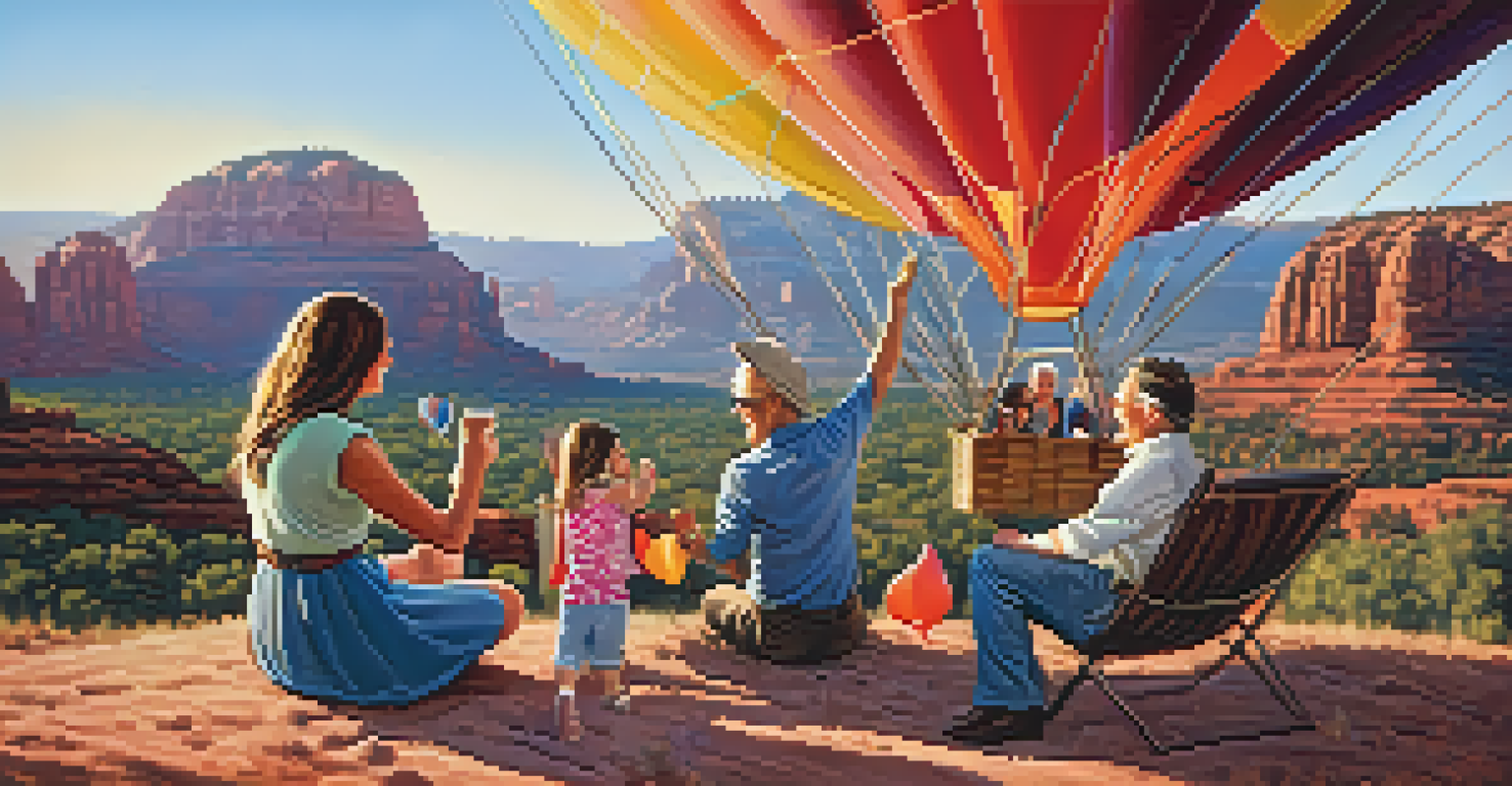 A family celebrating with sparkling cider after a hot air balloon ride in Sedona, with the balloon and red rock formations in the background.