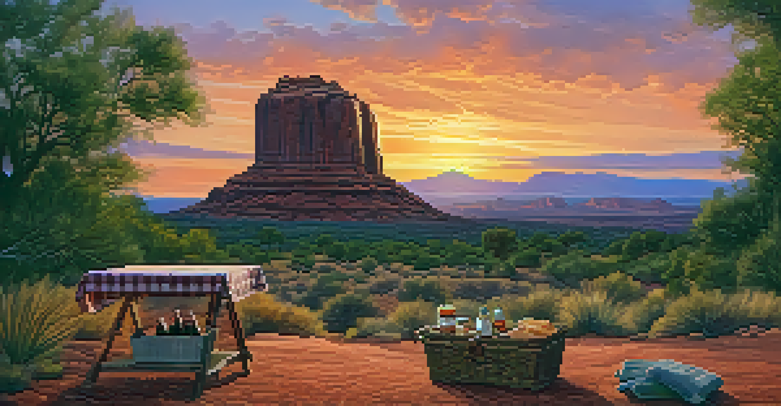 A couple picnicking at Bell Rock during sunset with vibrant sky colors.