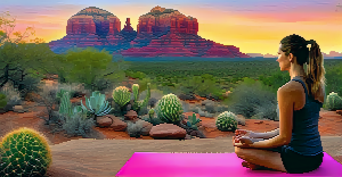 A person practicing yoga at sunrise on a mat in front of Sedona's red rock formations, surrounded by desert plants.