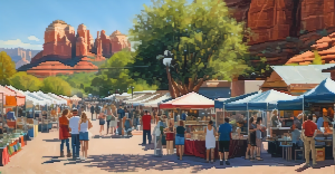 A lively art festival in Sedona with artists showcasing their work and families enjoying the vibrant atmosphere against red rock formations.