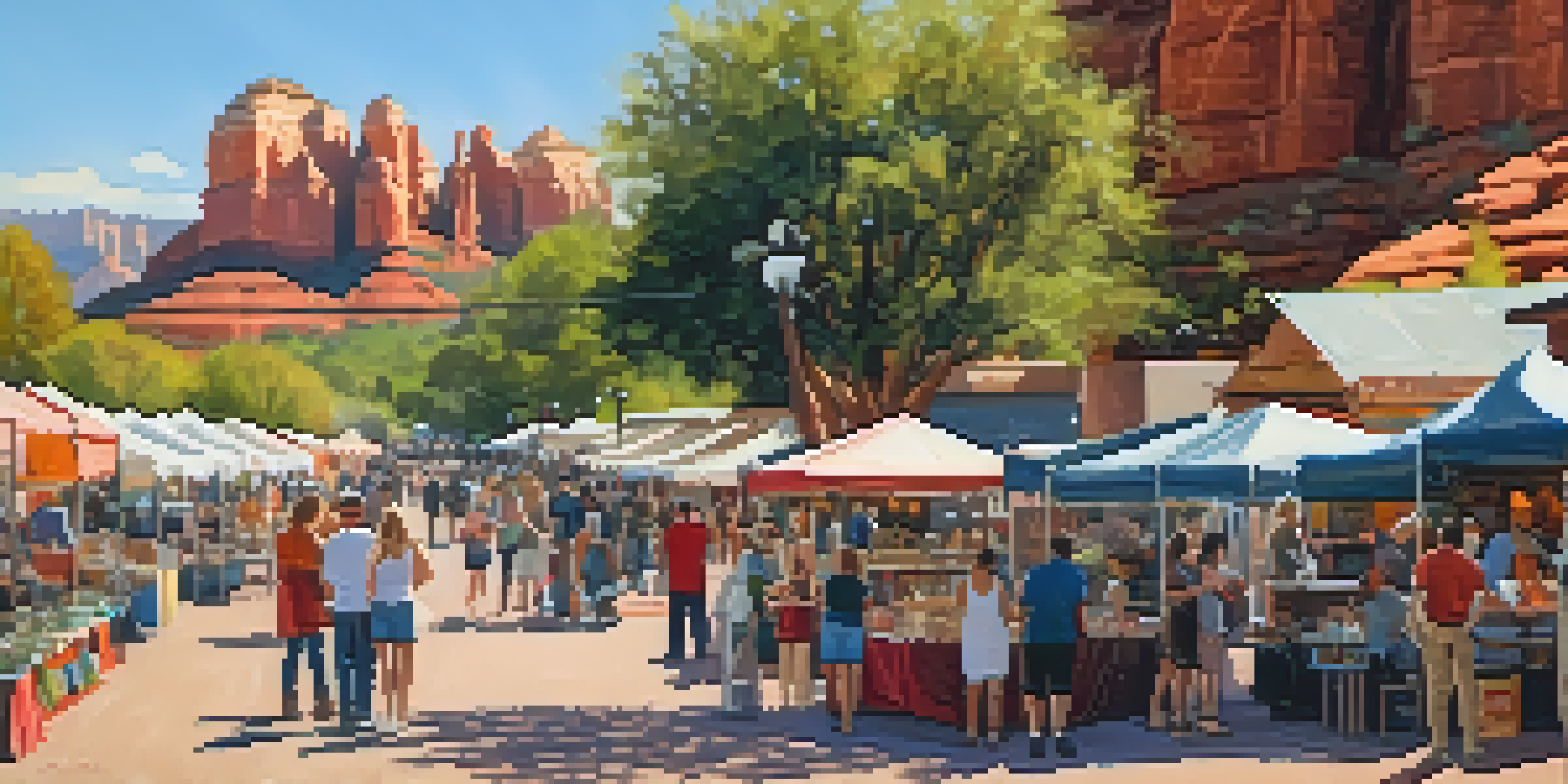 A lively art festival in Sedona with artists showcasing their work and families enjoying the vibrant atmosphere against red rock formations.