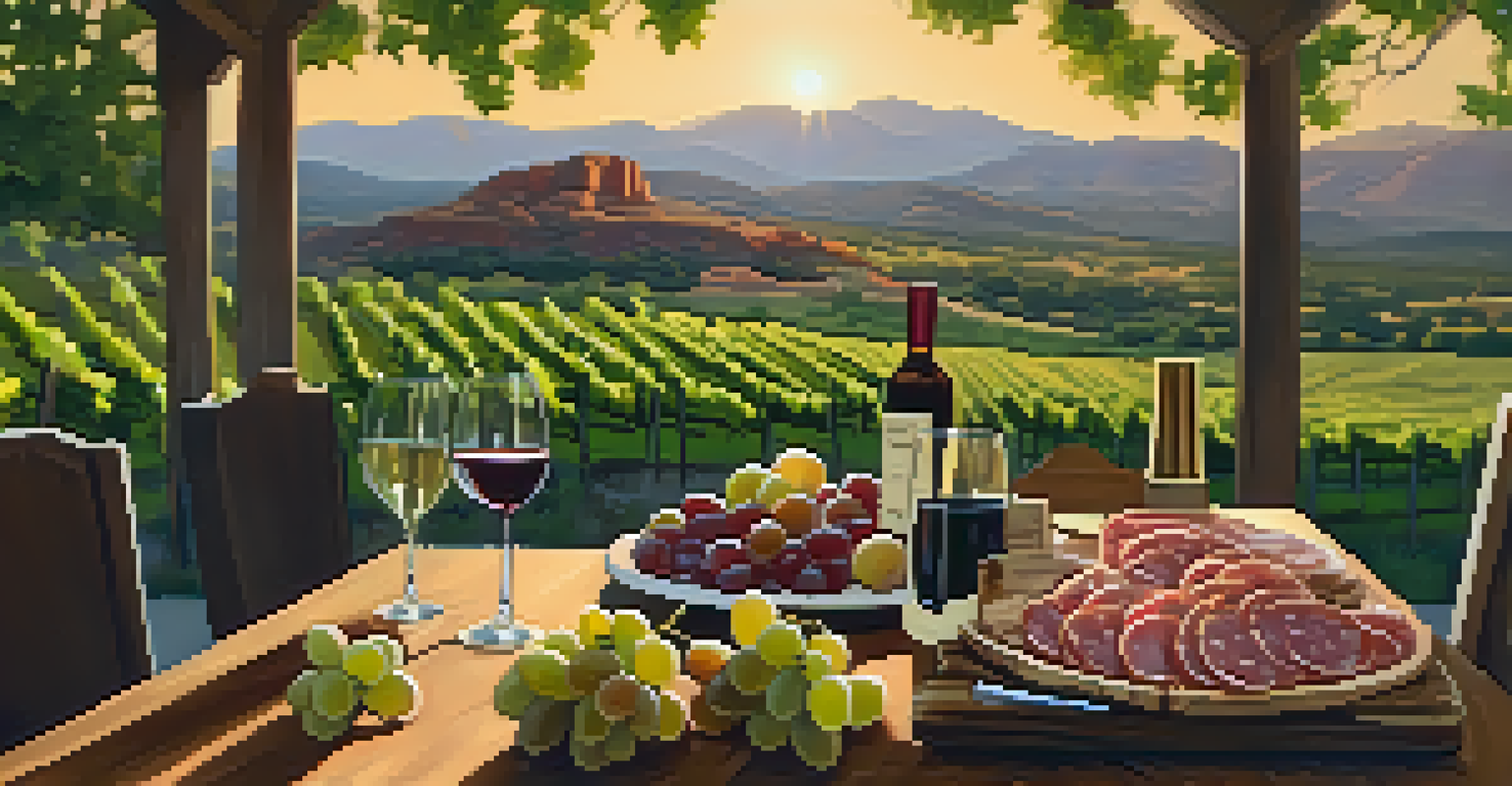 A vineyard in Sedona at sunset with a rustic table set for a wine tasting amidst lush grapevines.