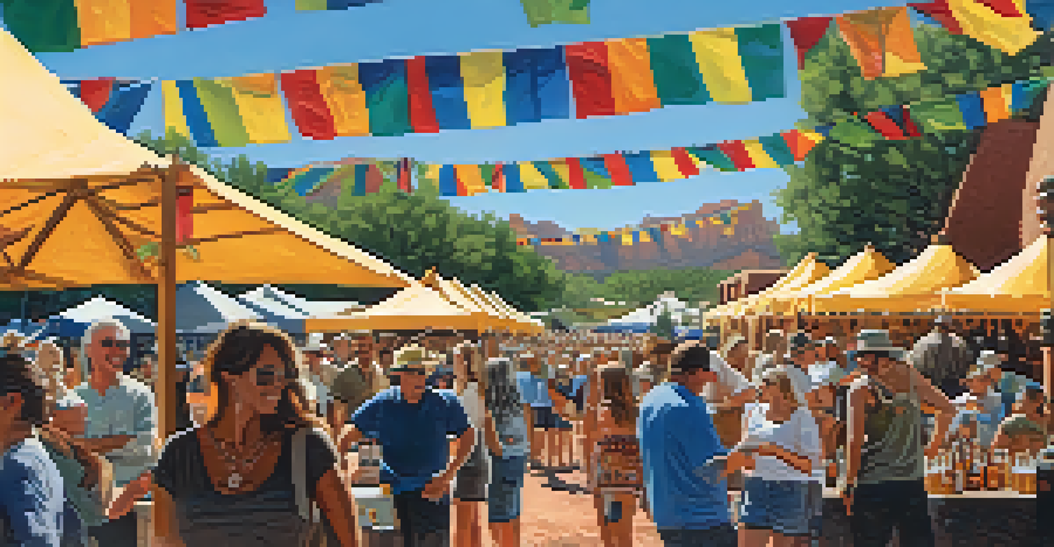 Crowd at the Sedona Beer Festival enjoying local beers with artists showcasing their work and musicians performing in the background.