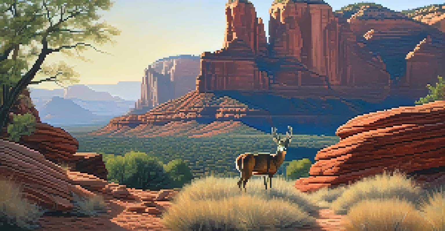 A deer grazing peacefully while a hiker observes from a distance on a trail, set against the backdrop of Sedona's red rocks during the late afternoon.