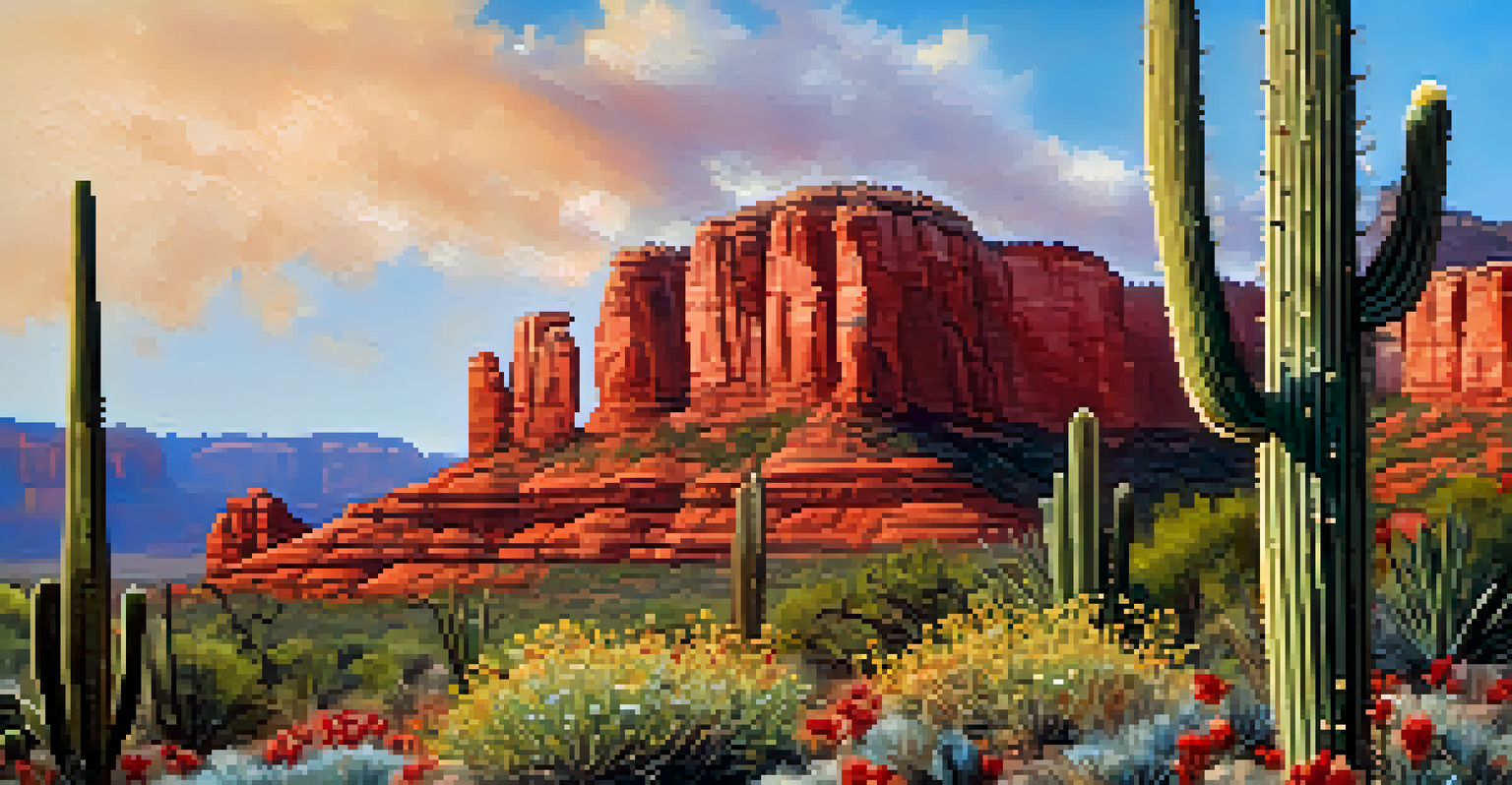 A close-up of a cactus adorned with water droplets, surrounded by colorful wildflowers and red rock formations in the background.