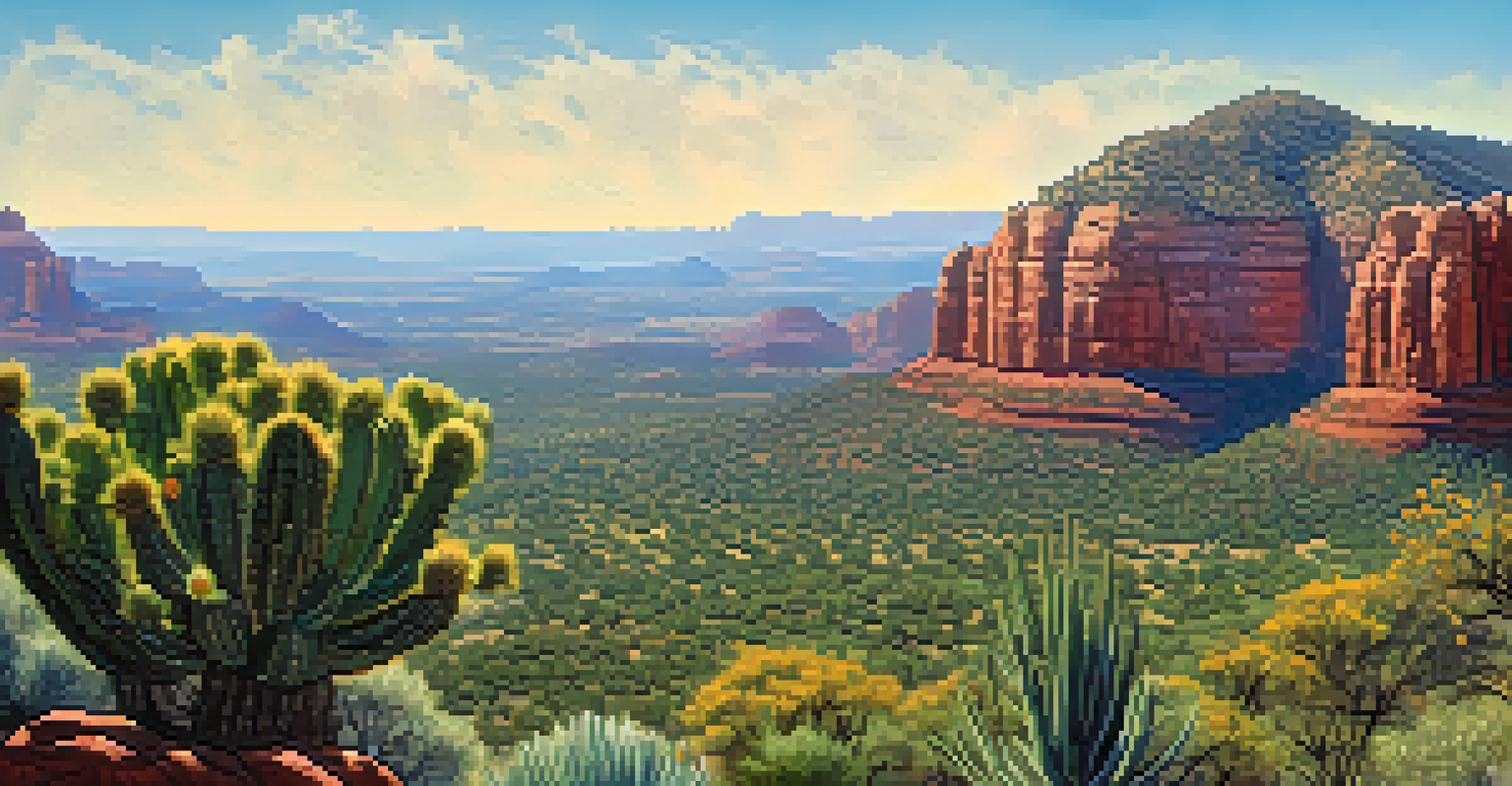 An aerial view of Sedona showing the contrast between arid valleys and lush forests.