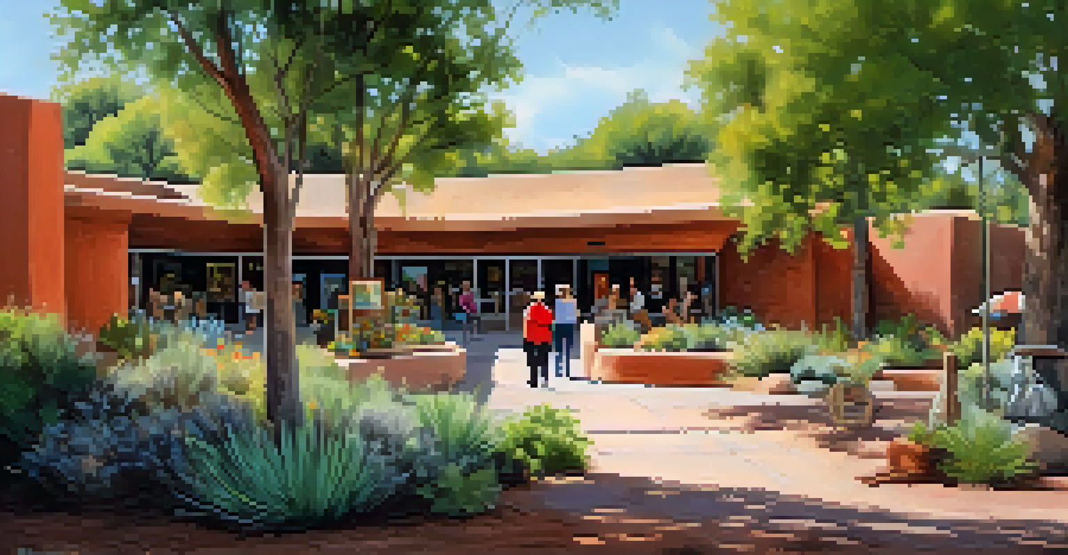 The Sedona Arts Center with colorful outdoor art displays and accessible entrance, surrounded by greenery.