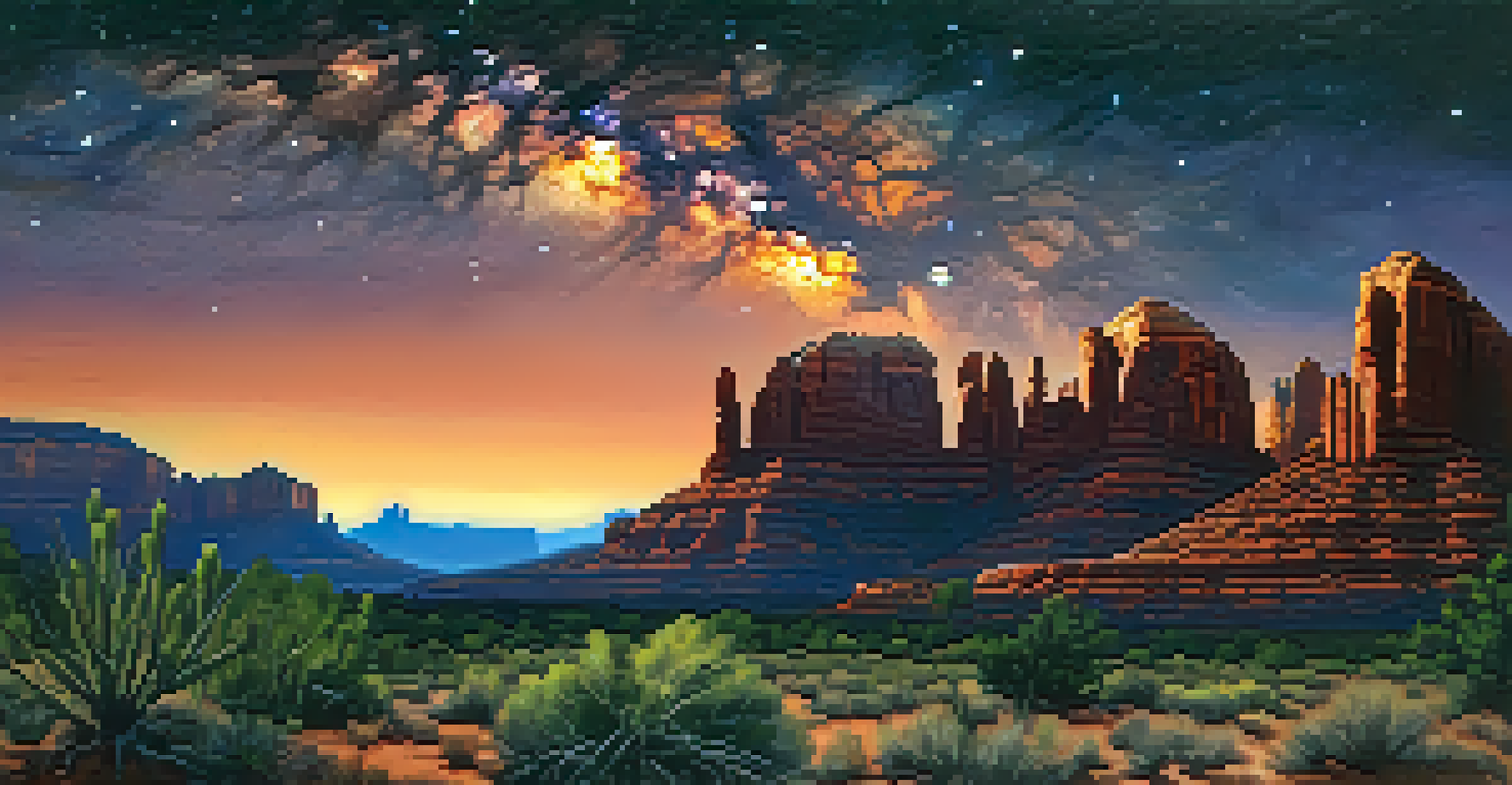 A mesmerizing night sky view over Sedona, showcasing the Milky Way and silhouetted red rock formations, with soft moonlight illuminating the desert landscape.