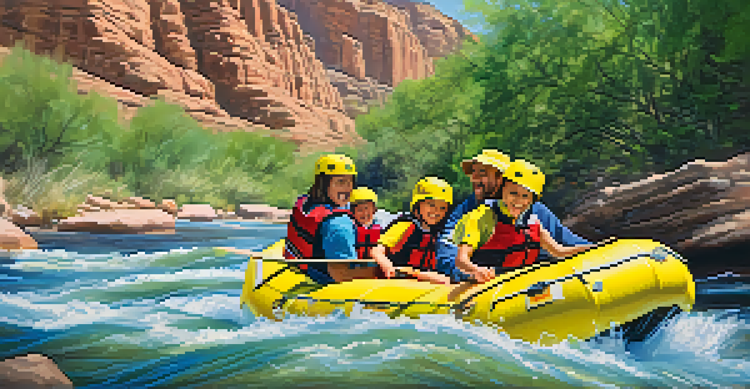 A family rafting down the Verde River, laughing and enjoying the adventure amidst beautiful landscapes.