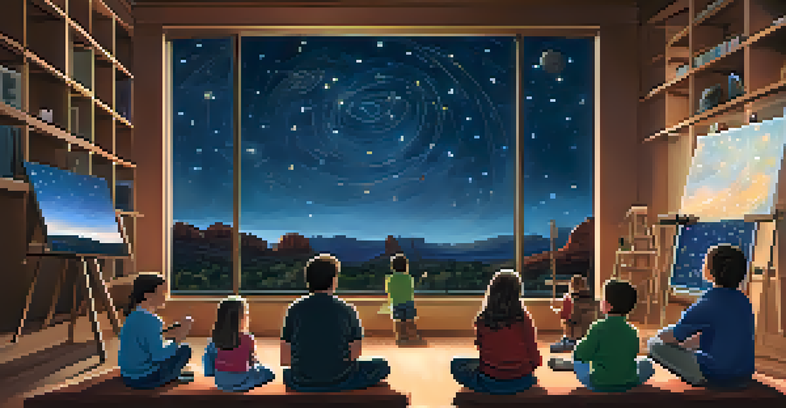 Families participating in an educational astronomy night at the Sedona Public Library, engaging with telescopes and star charts.