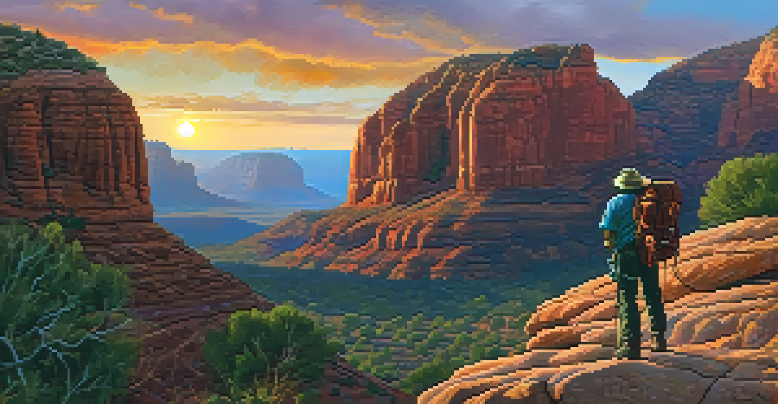 A treasure hunter on a rocky outcrop looking towards the Cursed Stone, with Sedona's dramatic landscape and a vibrant sunset in the background.